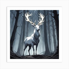 A White Stag In A Fog Forest In Minimalist Style Square Composition 22 Art Print