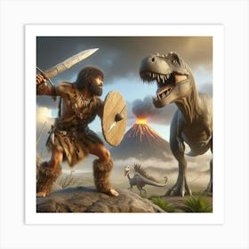 Prehistoric Man And Dinosaurs Art Print