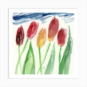 Five Tulips - watercolor flowers floral red green blue square Art Print