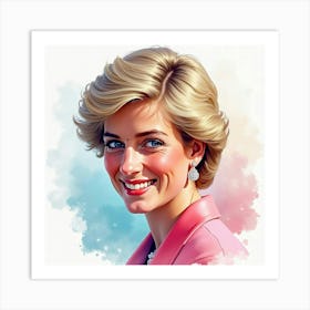 Beautiful Smiling Princess Diana, Colorful Watercolor Background 1 Art Print