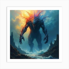 Monster Emerging From Watercolor Depths, Dark And Colorful Aura 1 Art Print