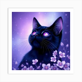 Black Cat With Purple Flowers 1 Art Print