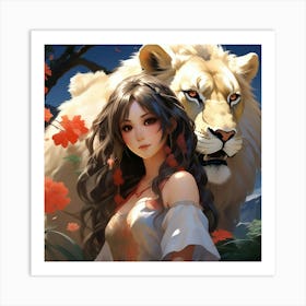 Japanese girl and Lion Art Print