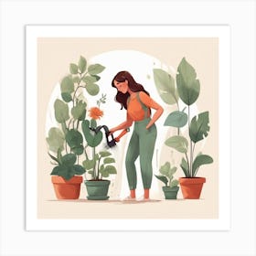 Woman Watering Plants Art Print