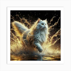 White Cat Splashing Water Art Print