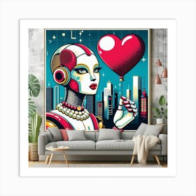 Robot with Pearl Earrings and Red Bow: A Pop Art and Futuristic Painting Art Print