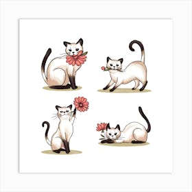 A charming and whimsical illustration of a Siamese cat in four distinct poses Art Print