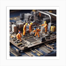 Miniature Workers On A Computer Board 1 Art Print