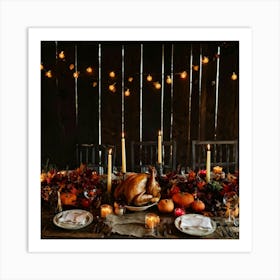 Thanksgiving Feast Spread Out On A Weathered Wooden Farm Table Turkey Glistening Under Warm Low Li Art Print