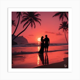 Sunset Couple On The Beach Art Print