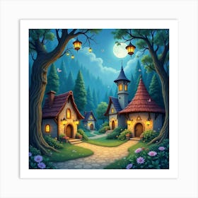 Fairy Village With Glowing Lanterns, Watercolor 1 Art Print