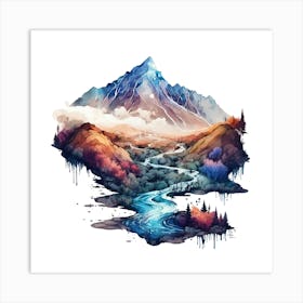 Watercolor Mountains And River 3 Art Print