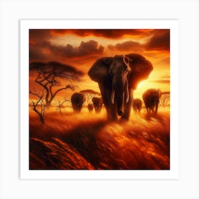 Elephants On The African Savanna Art Print