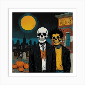 Urban Haunt Halloween Skulls In Basquiat's Embrace Art 1 Art Print