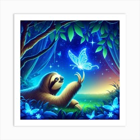 Sloth marvels at a glowing blue butterfly Art Print