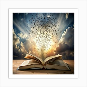 An open book with light and energy radiating from its pages. Art Print