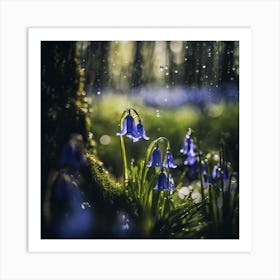 Through the Trees, Woodland Bluebells in Spring Rain Art Print