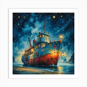 Ship At Night Art Print