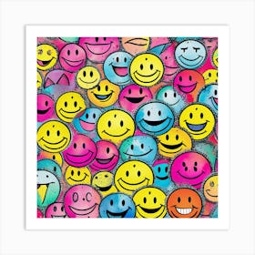 Smiley Faces, Whimsical Collage Featuring A Collection Of Hand Drawn Smiley Faces Varying In Expressions Art Print