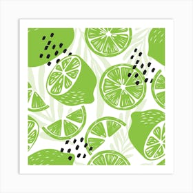 Lime Pattern On White With Floral Decoration Square Art Print