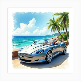 Aston Martin Db9 With A Colorful Watercolor Ocean View Art Print