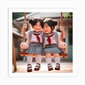 Two Asian Girls On A Swing 1 Art Print