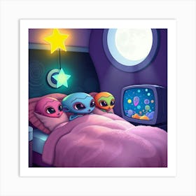 Aliens Kids In Bed Watching Art Print