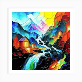 Abstract art stained glass art of a mountain village in watercolor 15 Art Print