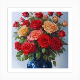 Roses In A Blue Vase Art Print