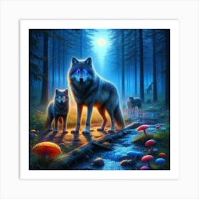 Mystical Forest Wolves Seeking Mushrooms and Crystals 11 Art Print