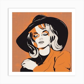 A Silhouette Of A Woman Wearing A Black Hat And Laying On Her Back On A Orange Screen, In The Style (6) Art Print