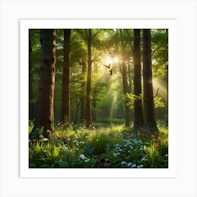 A Vibrant Springtime Forest With Fresh, Green Foliage And Blooming Flowers Art Print