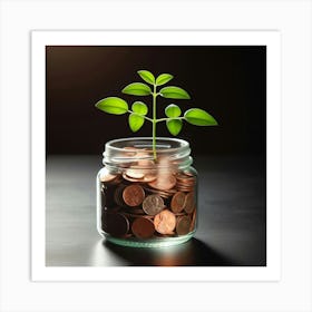 Jar Of Coins With A Plant Art Print