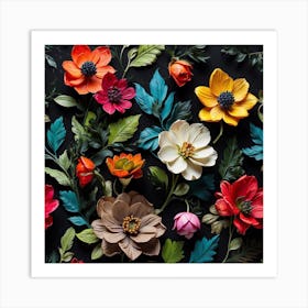 Flowers On Black Background Art Print