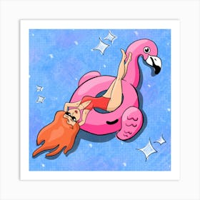 Summer pool party swimming girl decoration - Pink Flamingo Art Print