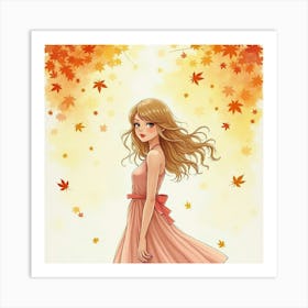 Taylor Swift In A Watercolor Autumn Scene, Leaves Gently Falling Around Her Art Print