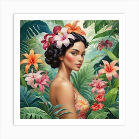 Woman In Tropical Flower Garden Art Print 0 Art Print