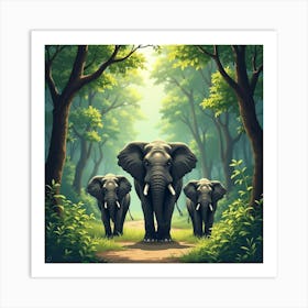 An Elephant Family Walking Through A Lush, Green Forest Art Print