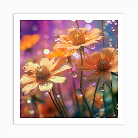 Cosmos Flowers With Water Droplets Art Print