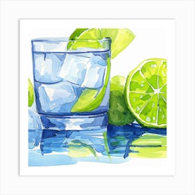 Watercolor Illustration Of A Glass Of Water And Limes Art Print