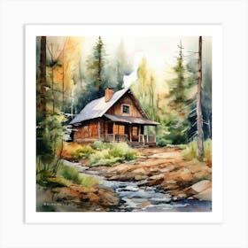 Cabin In The Woods, Create A Watercolor Painting Of A Cozy Rustic Cabin In The Woods 2 Art Print