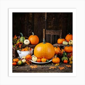 An Autumnal Photography Arrangement Depicting A Vibrant Orange Gourd Amidst A Thanksgiving Meal Sett (5) Art Print