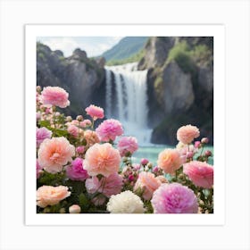 Roses In Front Of Waterfall Art Print