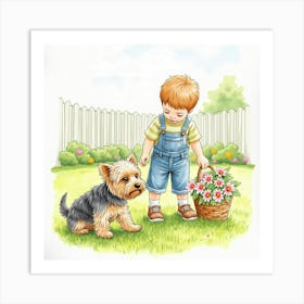 Watercolor Of A Yorkshire Terrier And A Child Playing In The Garden Art Print