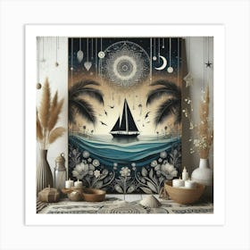 Boho art Silhouette of Sea and sailboat Art Print