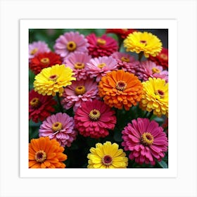 A Vibrant Collection Of Blooming Zinnias In Bright, Cheerful Colors 1 Art Print