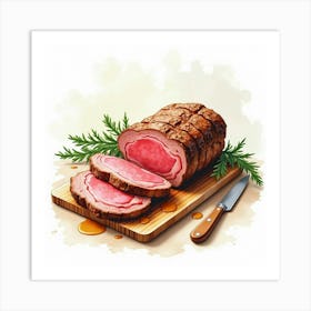 Watercolor Sketch Of A Tender And Juicy Roast Beef With Gravy On A Stylish Kitchen Countertop Art Print