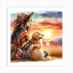 Girl With Dog At Sunset Art Print