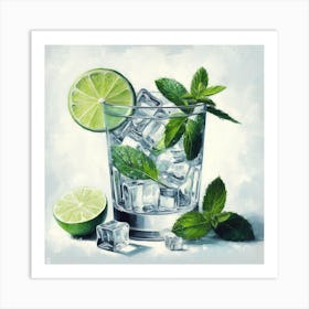 Cocktail Time: A Realistic and Detailed Painting of a Cocktail Glass with Ice Cubes, Mint Leaves, and a Slice of Lime Art Print