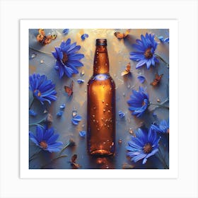 Beer Bottle With Blue Flowers Art Print